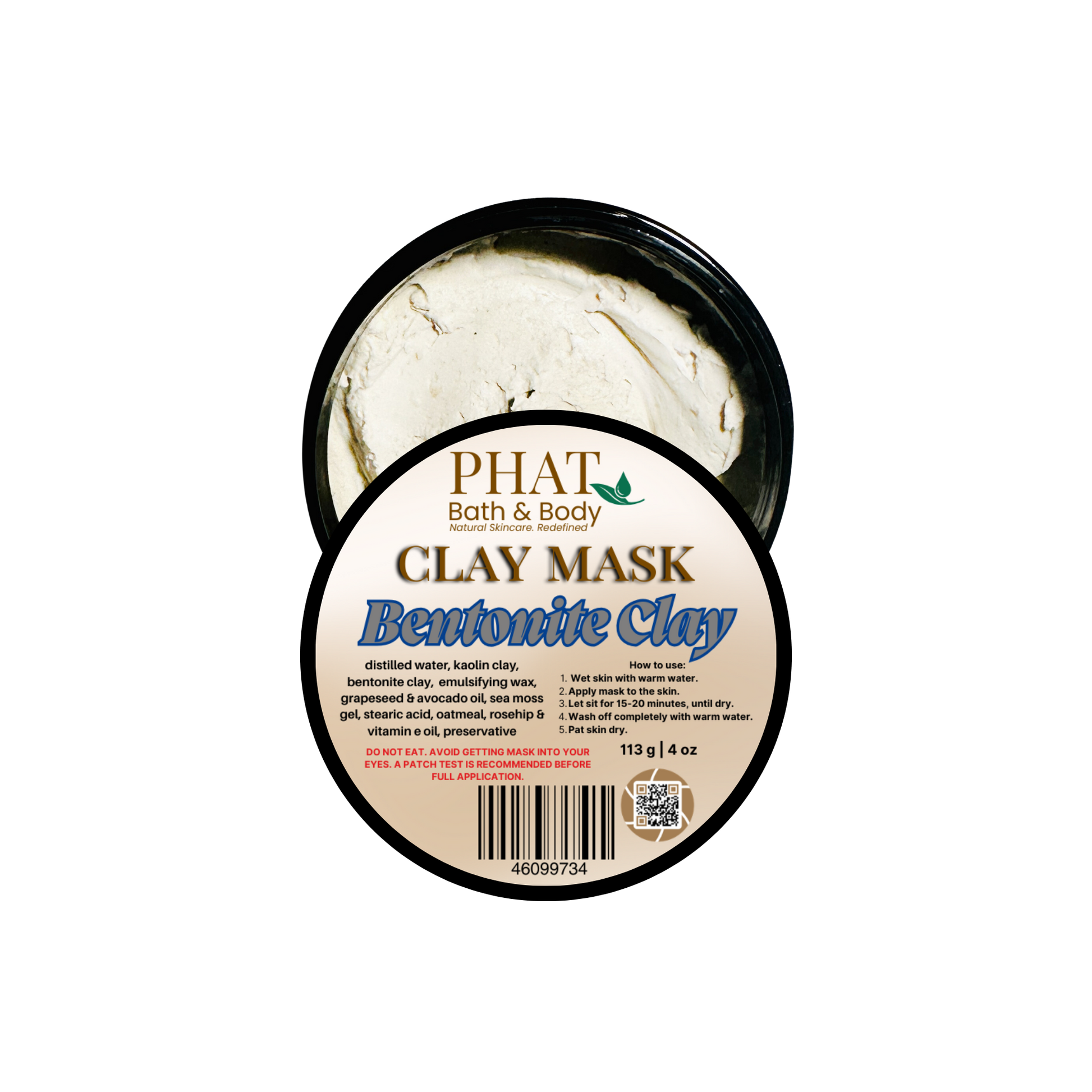 Clay mask container with 'Phat Bath & Body' branding on a white background
