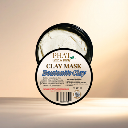Bentonite clay mask in a container with 'Phat Bath & Body' branding on a beige background