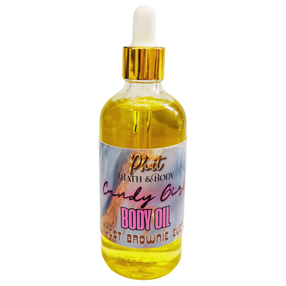 Bottle of body oil with a colorful label on a white background
