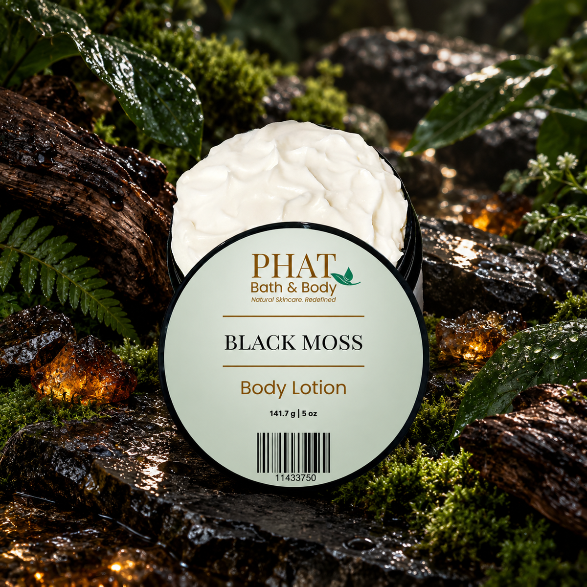 Black Moss Men’s Body Lotion displayed among wet moss, dark woods, green foliage, black stone, and warm amber accents.