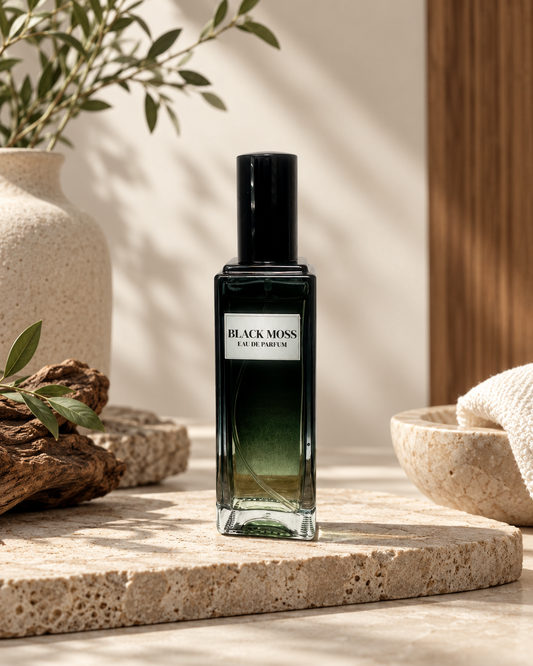 Black Moss men’s Eau de Parfum bottle displayed in a refined Phat Bath & Body brand setting.