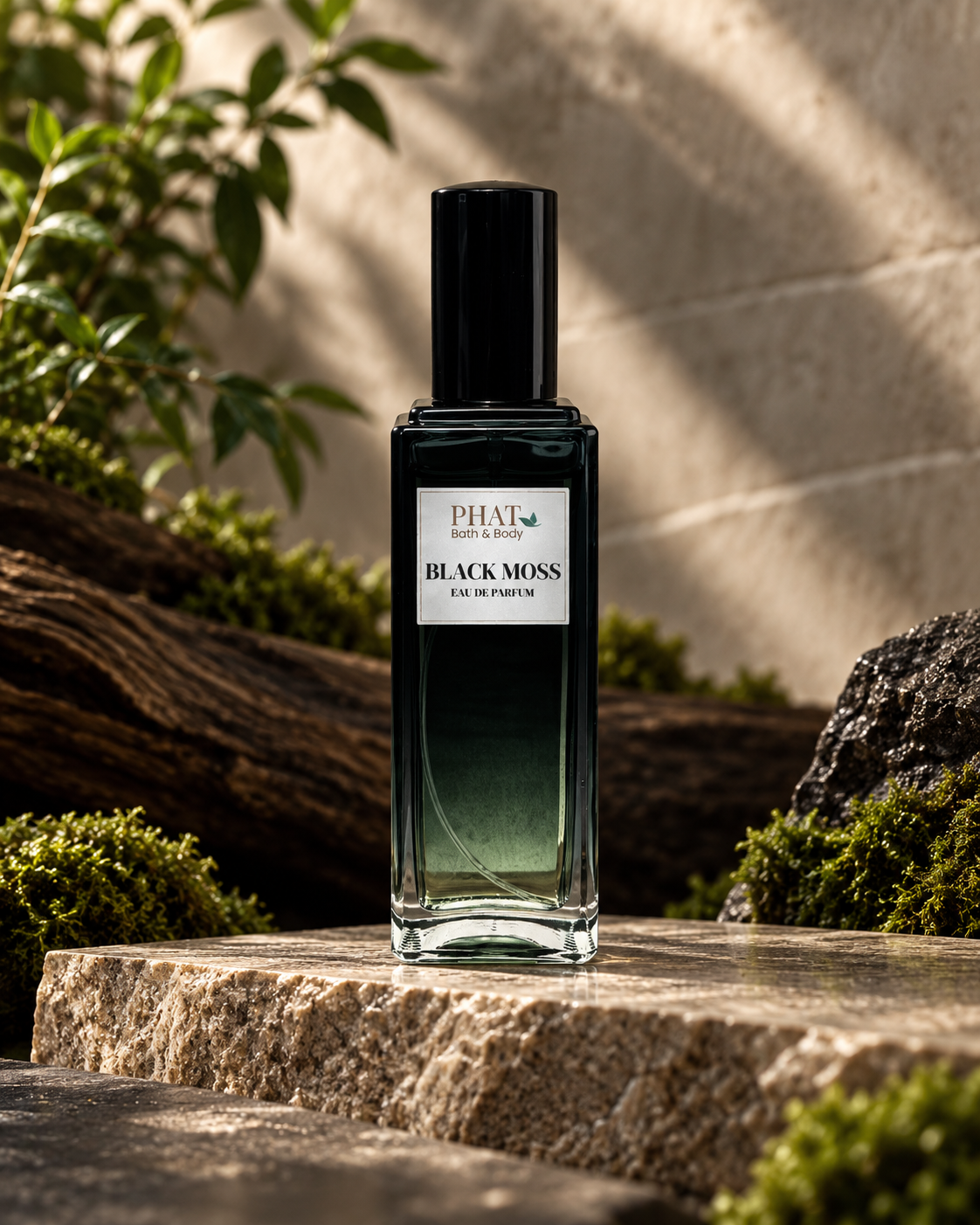 Back label of the Black Moss men’s Eau de Parfum bottle in a luxury themed setting.