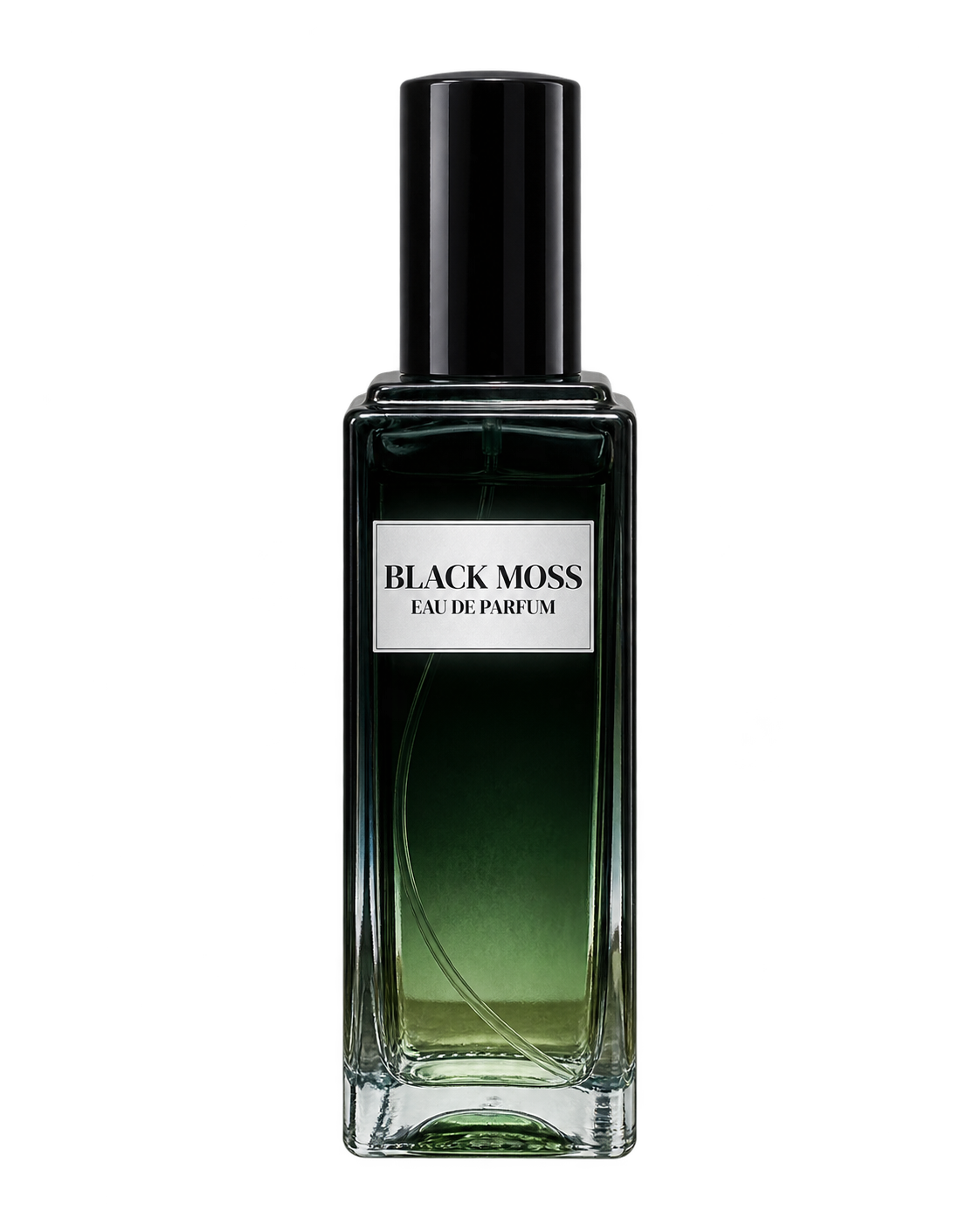 Black Moss men’s Eau de Parfum bottle with front label on a transparent background.