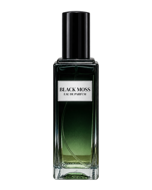 Black Moss men’s Eau de Parfum bottle with front label on a transparent background.