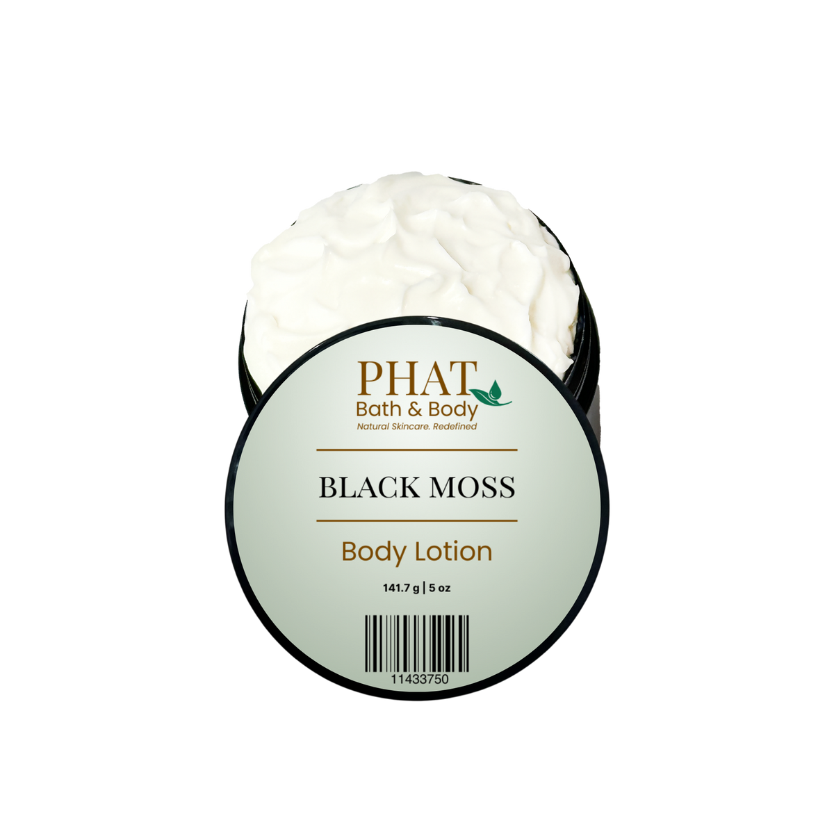 Open black jar of Black Moss Men’s Body Lotion with Phat Bath & Body labeled lid and rich white lotion.