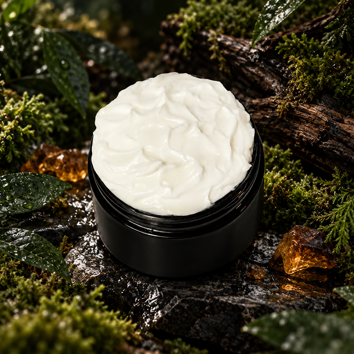 Open jar of Black Moss Men’s Body Lotion surrounded by moss, dark wood, wet stone, deep green leaves, and warm amber details.