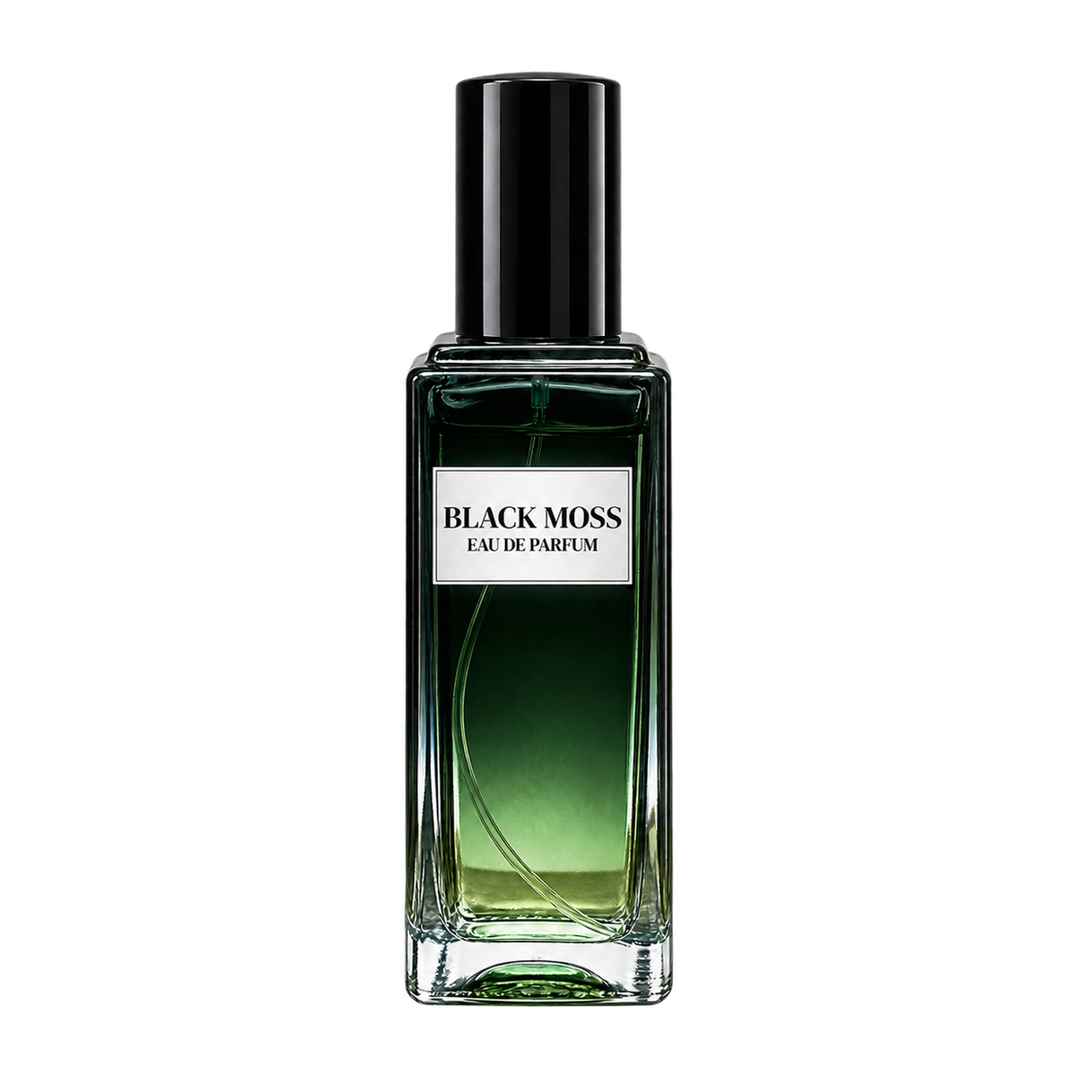 Phat Bath & Body Black Moss Men’s Eau de Parfum in a tall clear glass bottle with black cap, warm tan label, and deep green fragrance, shown as the main men’s fragrance product image.