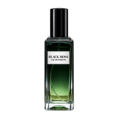 Phat Bath & Body Black Moss Men’s Eau de Parfum in a tall clear glass bottle with black cap, warm tan label, and deep green fragrance, shown as the main men’s fragrance product image.