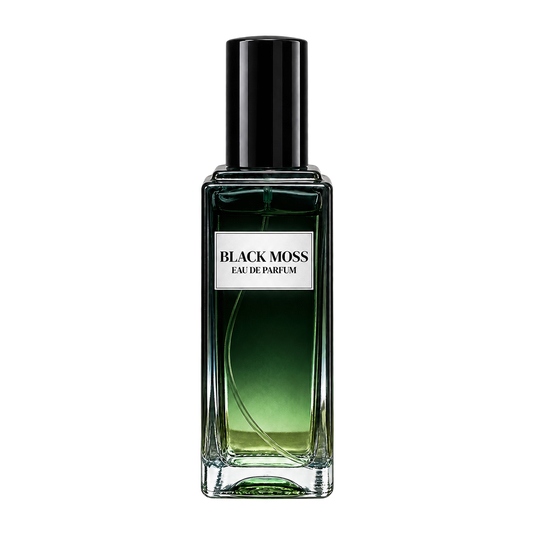 Phat Bath & Body Black Moss Men’s Eau de Parfum in a tall clear glass bottle with black cap, warm tan label, and deep green fragrance, shown as the main men’s fragrance product image.