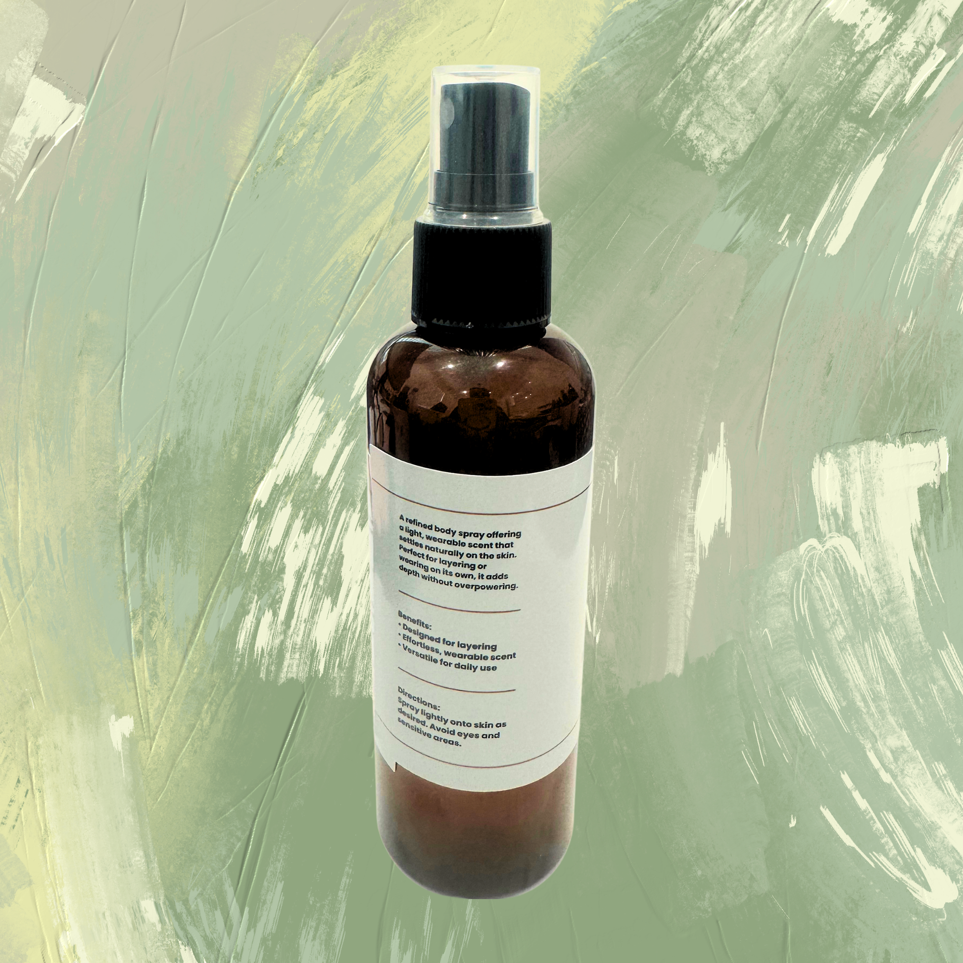 Brown spray bottle with a label on a green textured background