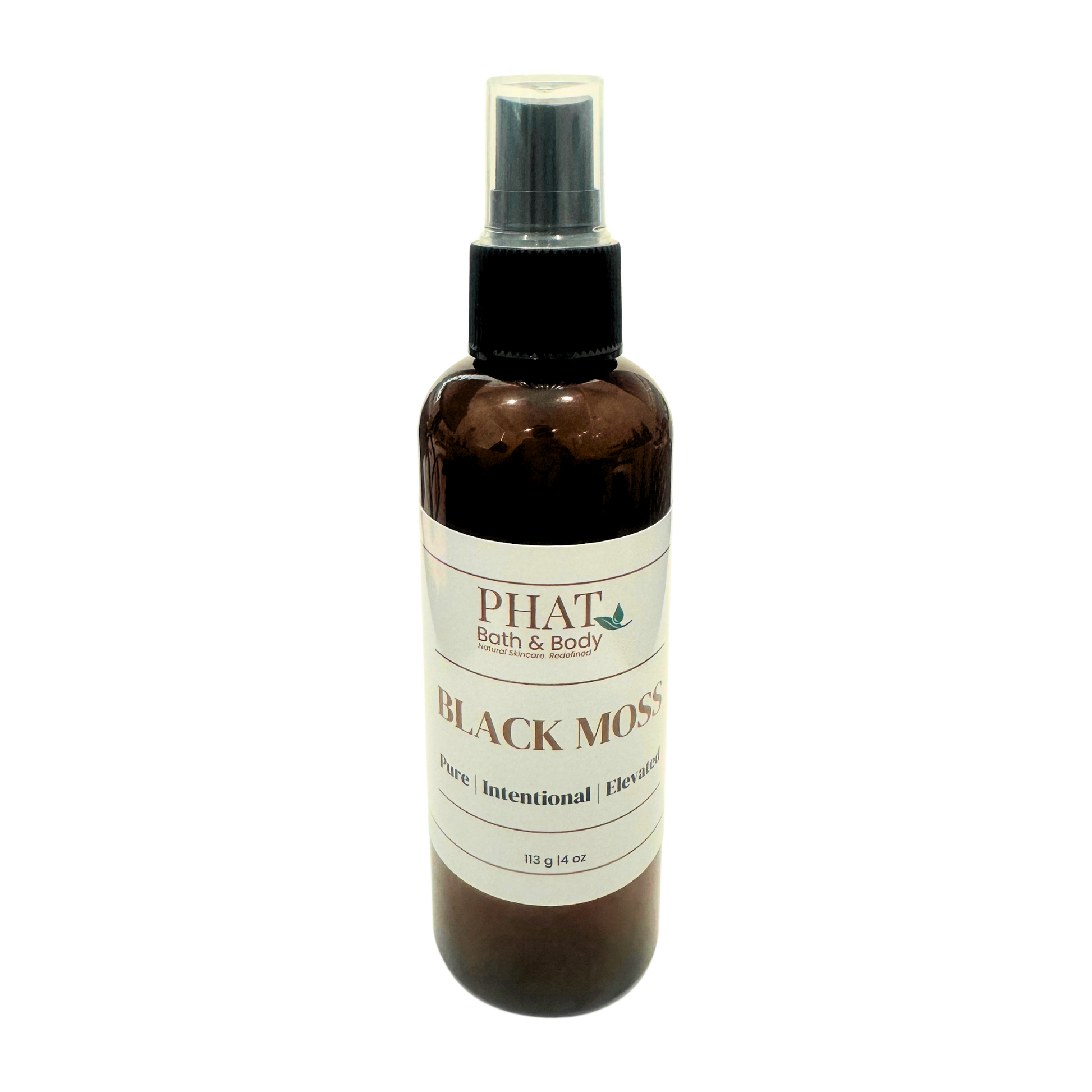 Brown spray bottle labeled 'Black Moss' from Phat Bath & Body on a white background