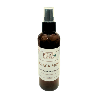 Brown spray bottle labeled 'Black Moss' from Phat Bath & Body on a white background