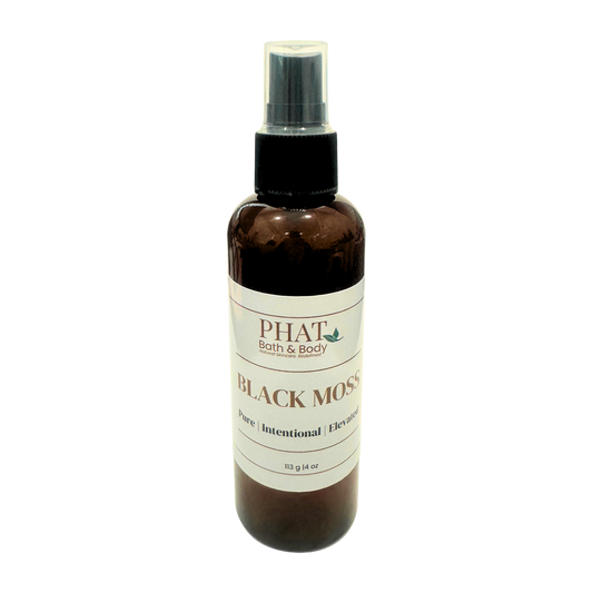 Brown spray bottle labeled 'Black Moss' from Phat Bath & Body on a white background