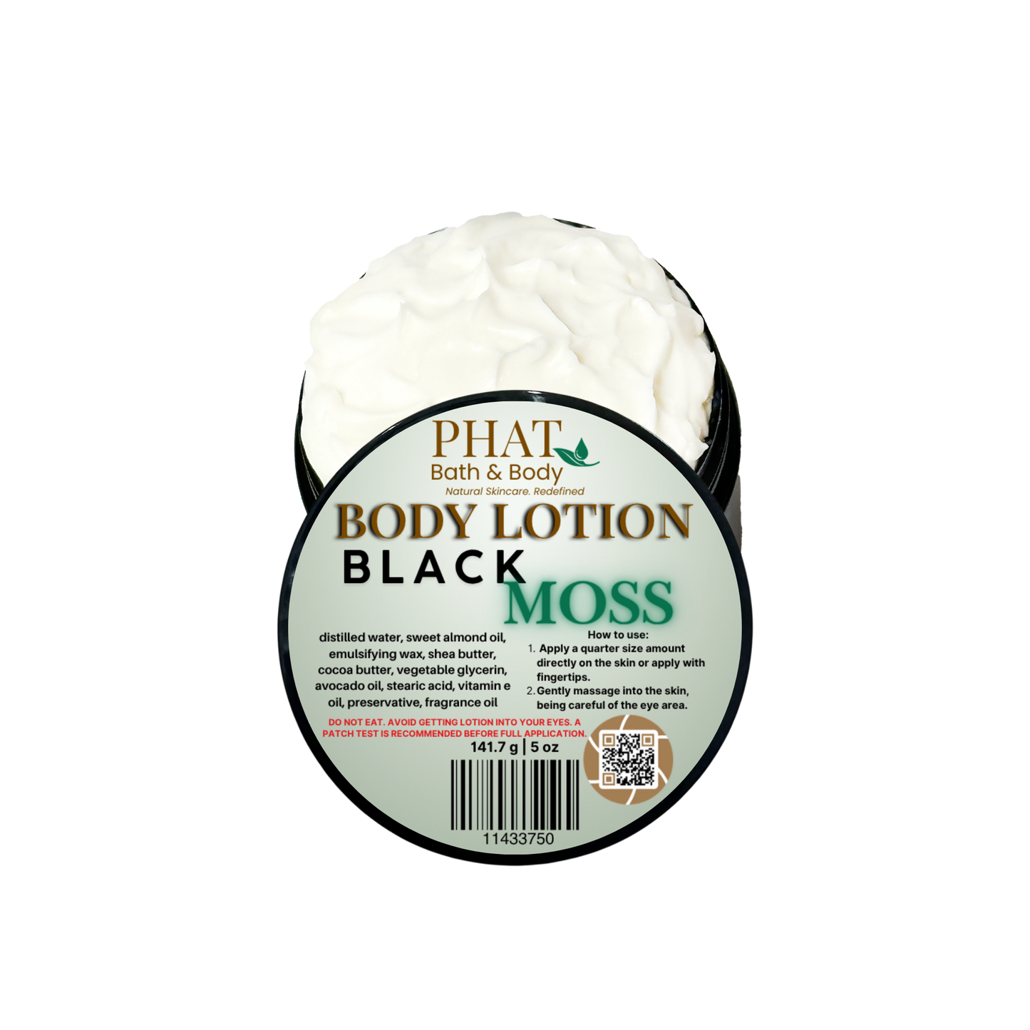 Body lotion container labeled 'Black Moss' by Phat Bath & Body on a white background