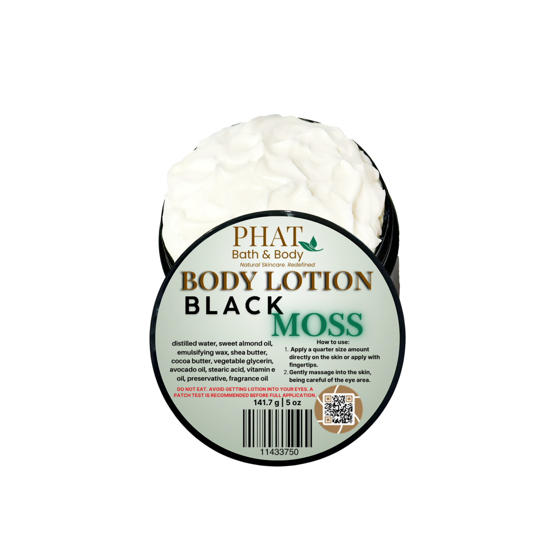 Body lotion container labeled 'Black Moss' by Phat Bath & Body on a white background