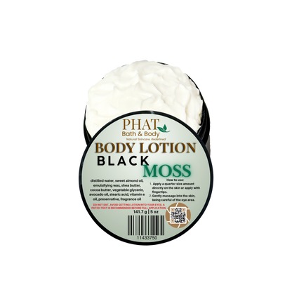 Body lotion container labeled 'Black Moss' by Phat Bath & Body on a white background
