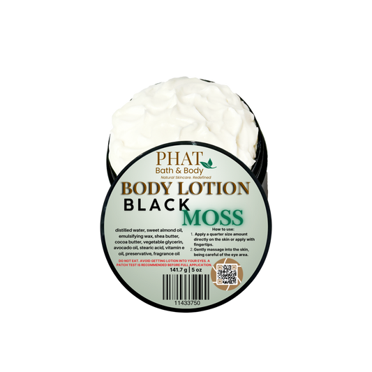 Body lotion container labeled 'Black Moss' by Phat Bath & Body on a white background