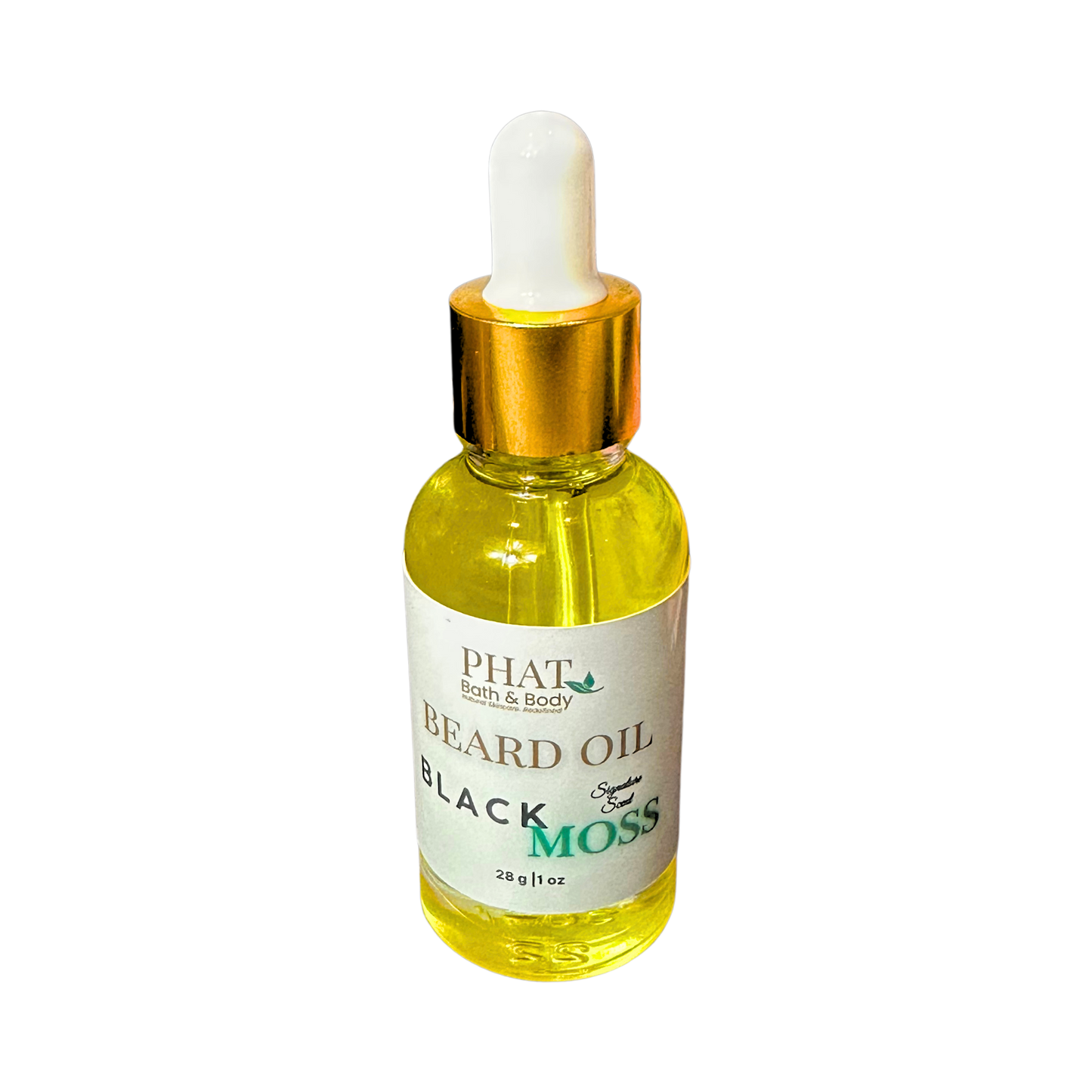 Bottle of Phat Bath & Body Black Moss Beard Oil with dropper on a white background