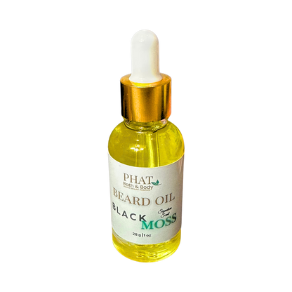 Bottle of Phat Bath & Body Black Moss Beard Oil with dropper on a white background