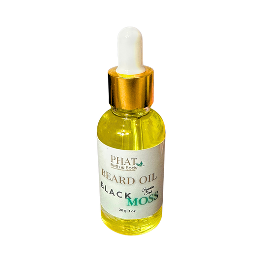 Bottle of Phat Bath & Body Black Moss Beard Oil with dropper on a white background