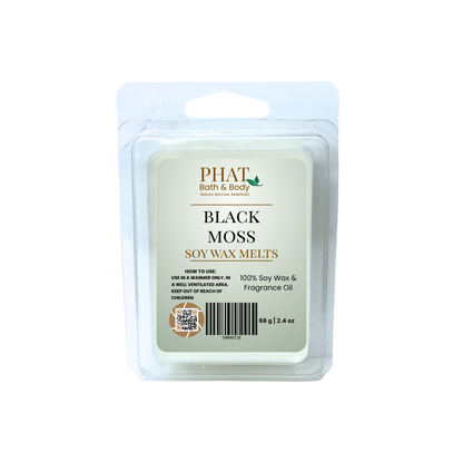 Pack of Phat Bath & Body Black Moss soy wax melts on a white background