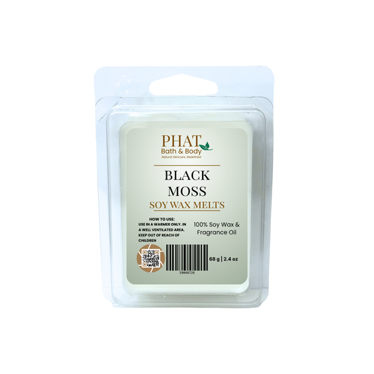 Pack of Phat Bath & Body Black Moss soy wax melts on a white background