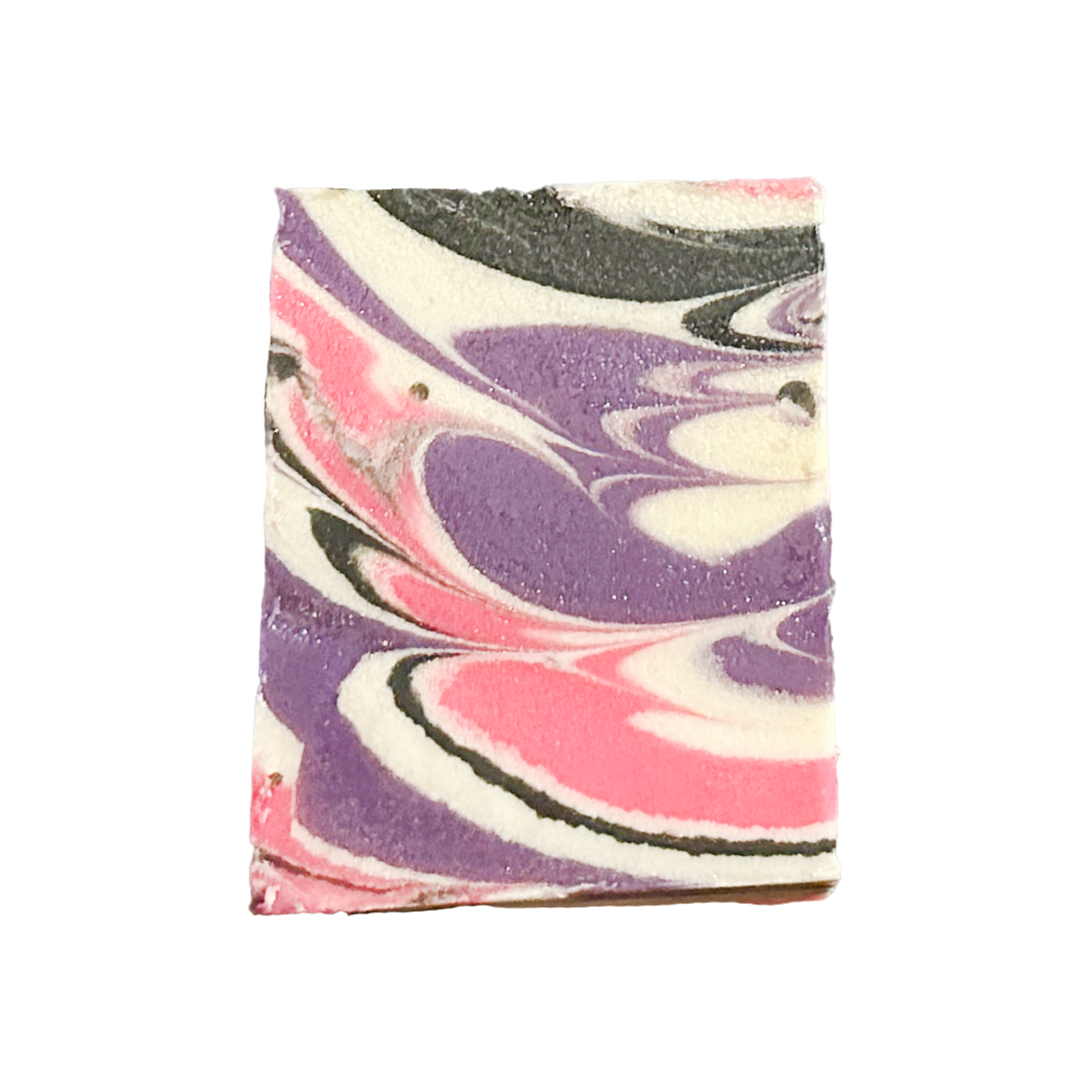 Marbled soap bar with purple, pink, and white swirls on a white background