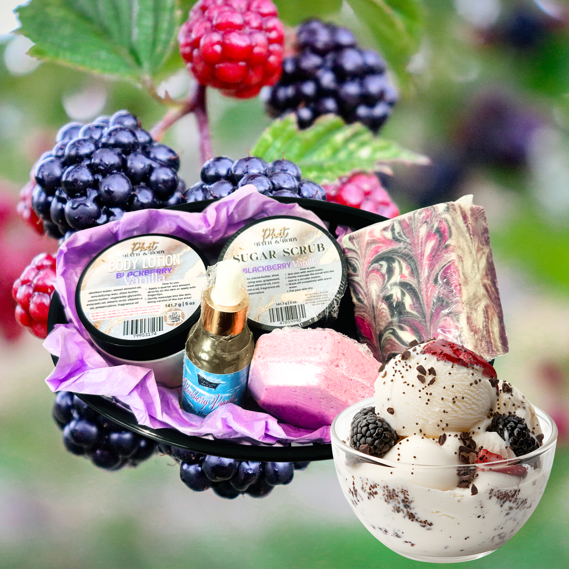 Assorted beauty products including a bowl of ice cream with berries on a blurred natural background