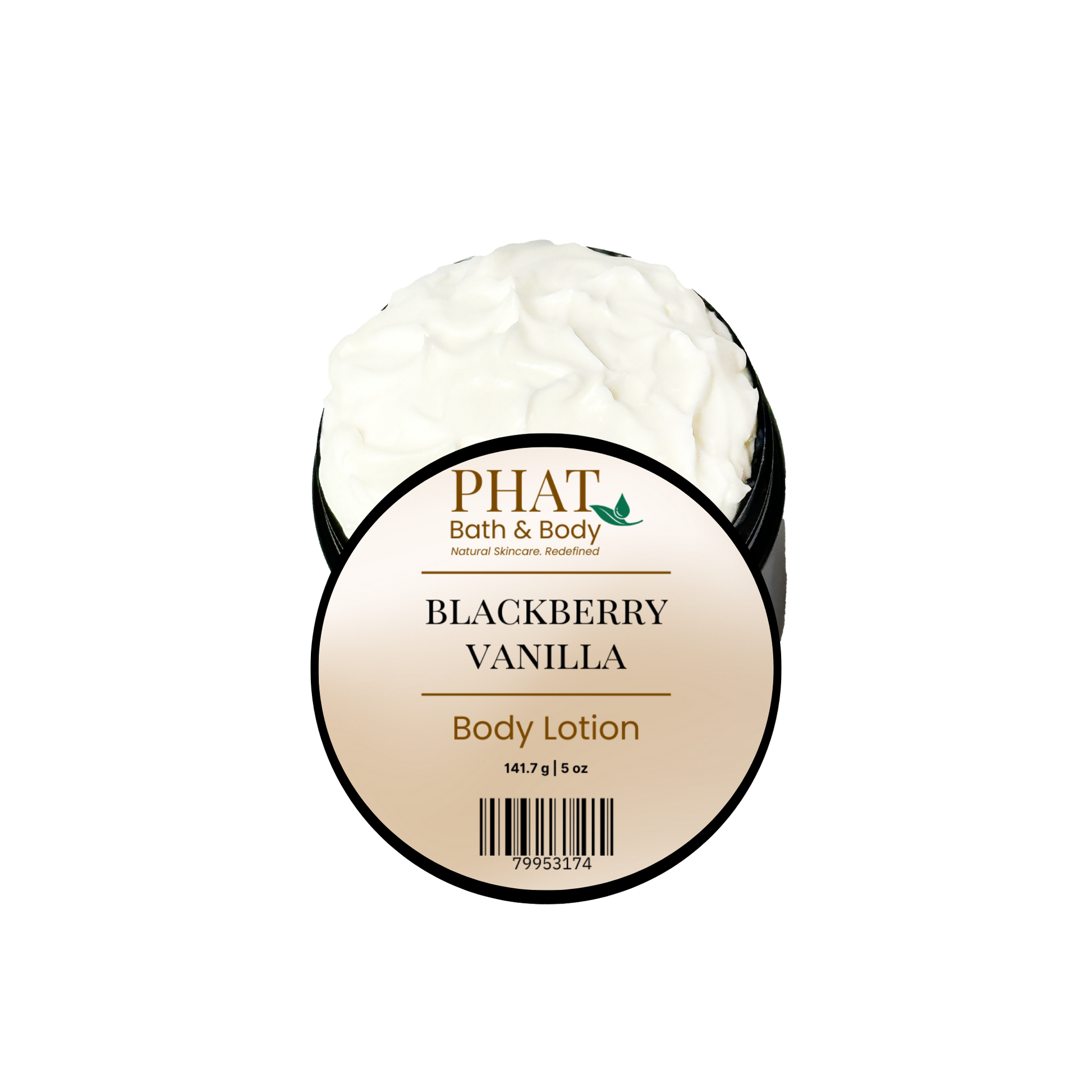 A round-labeled open jar of PHAT Bath & Body Blackberry Vanilla Body Lotion, showing a thick white lotion inside a black tub, on a plain white background.