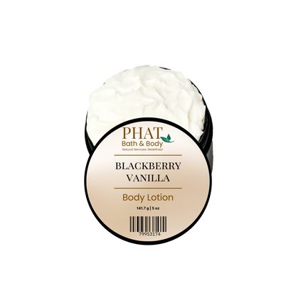 A round-labeled open jar of PHAT Bath & Body Blackberry Vanilla Body Lotion, showing a thick white lotion inside a black tub, on a plain white background.