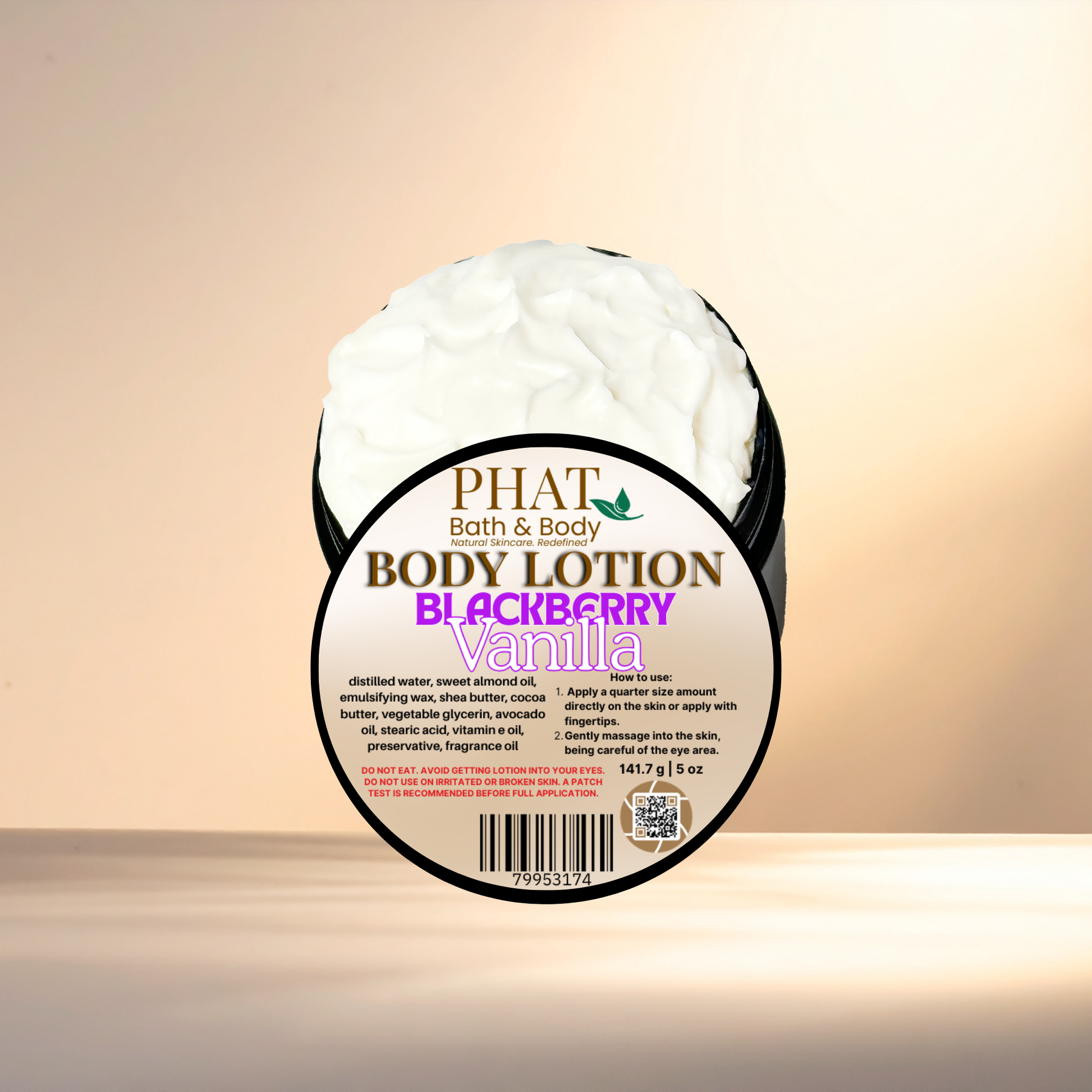 Body lotion container labeled 'Blackberry Vanilla' by 'PHAT Bath & Body' on a gradient background.