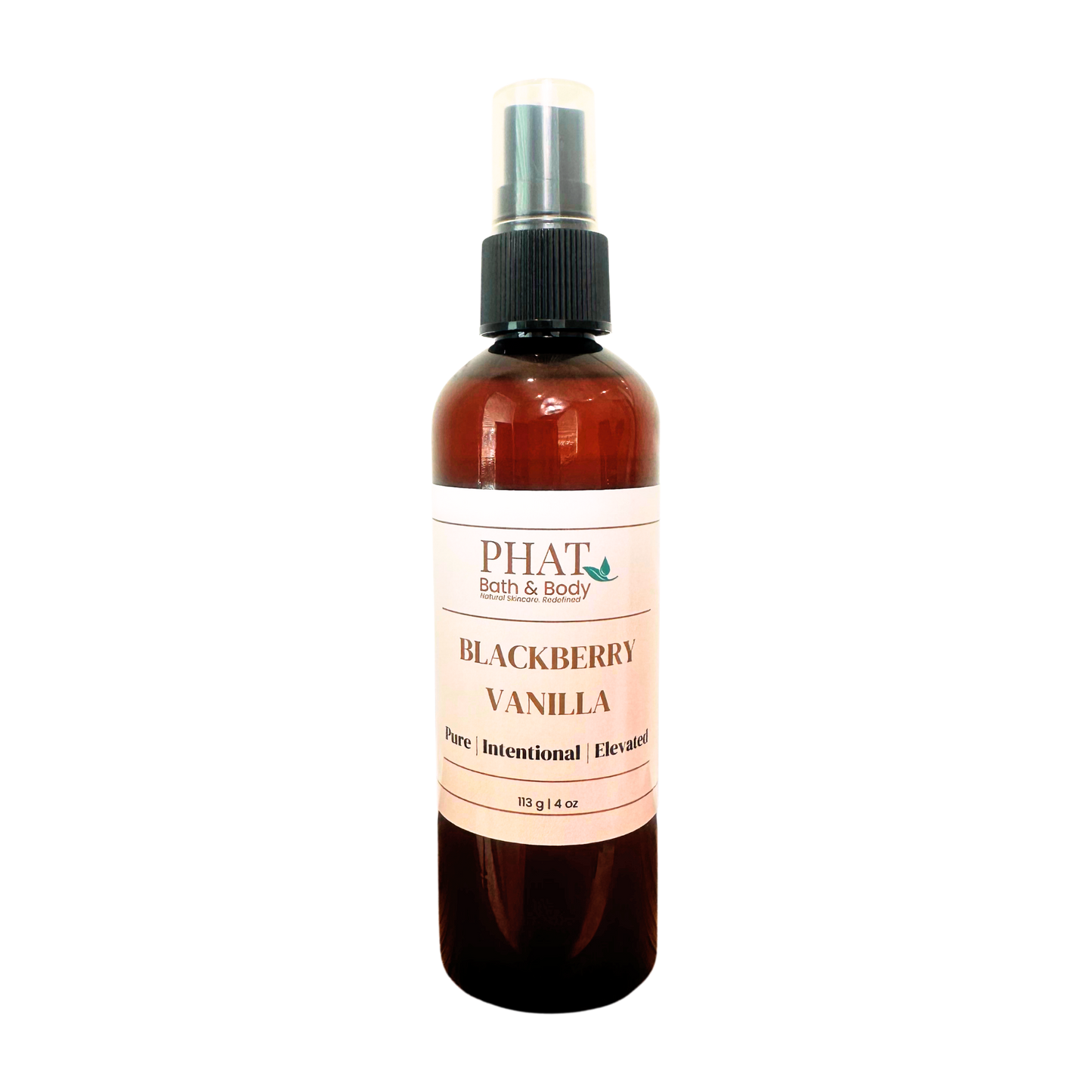 An amber spray bottle of PHAT Bath & Body Blackberry Vanilla perfume, featuring a cream-colored label and a black spray nozzle, set against a plain white background.