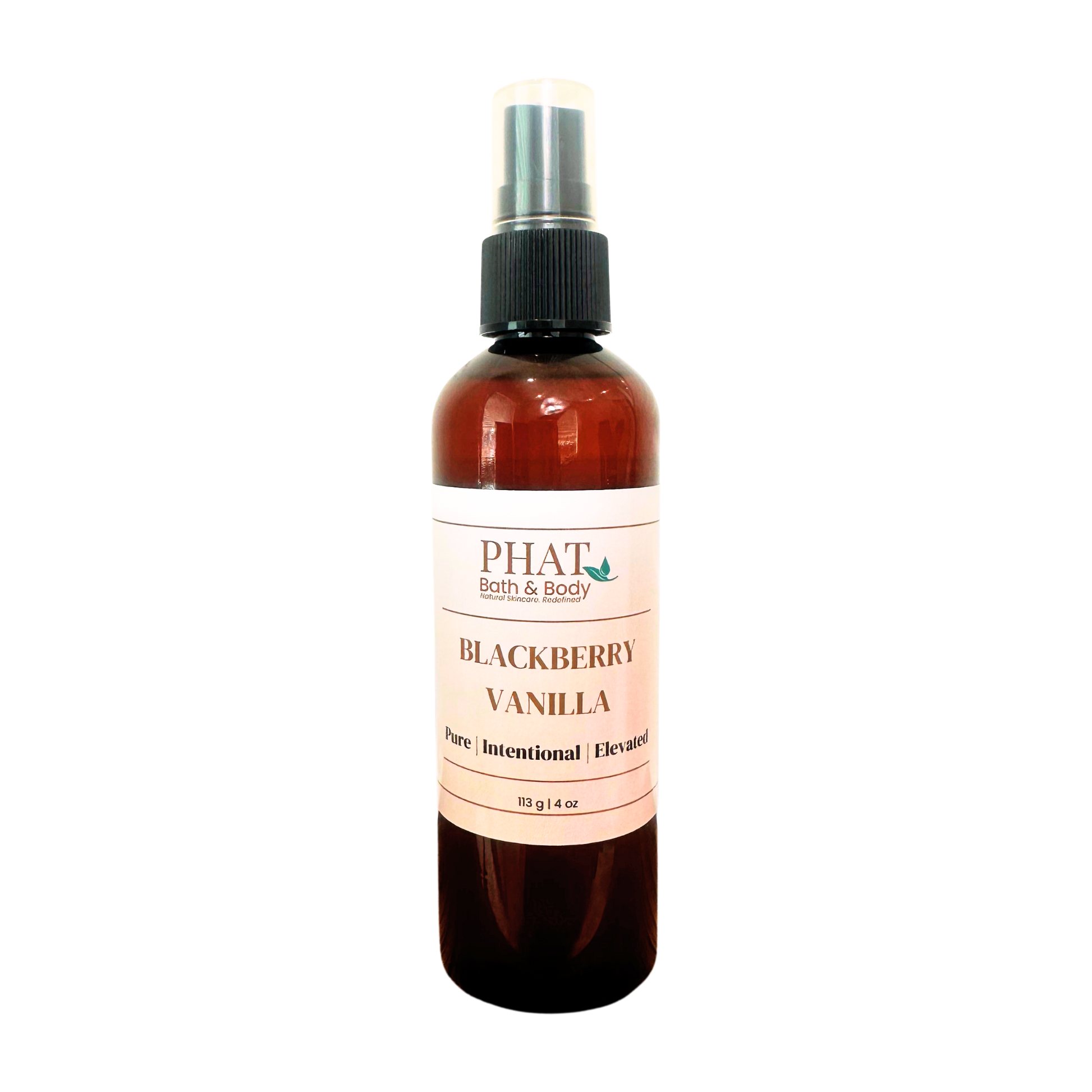 An amber spray bottle of PHAT Bath & Body Blackberry Vanilla perfume, featuring a cream-colored label and a black spray nozzle, set against a plain white background.