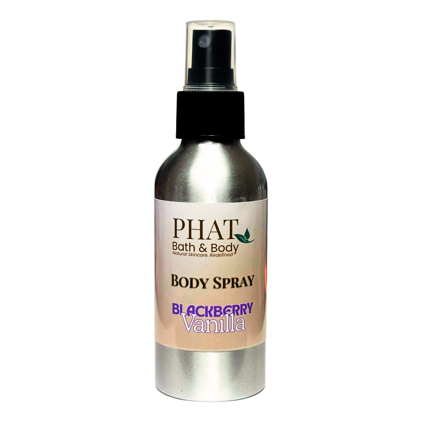 Body spray bottle labeled 'PHAT Bath & Body' with 'Blackberry Vanilla' scent on a white background