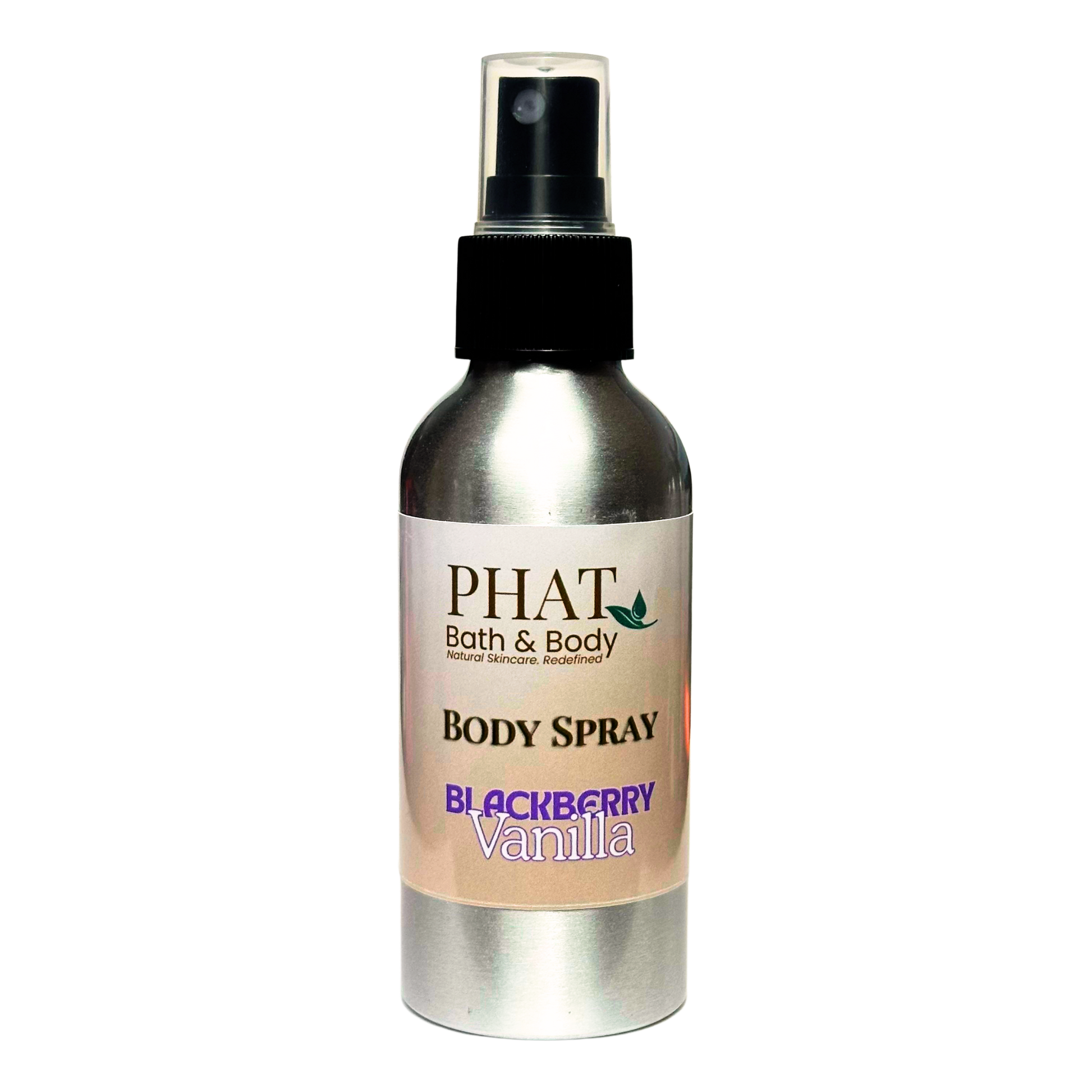 Body spray bottle labeled 'PHAT Bath & Body' with 'Blackberry Vanilla' scent on a white background