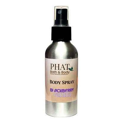 Body spray bottle labeled 'PHAT Bath & Body' with 'Blackberry Vanilla' scent on a white background