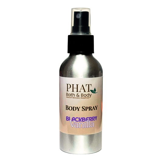 Body spray bottle labeled 'PHAT Bath & Body' with 'Blackberry Vanilla' scent on a white background