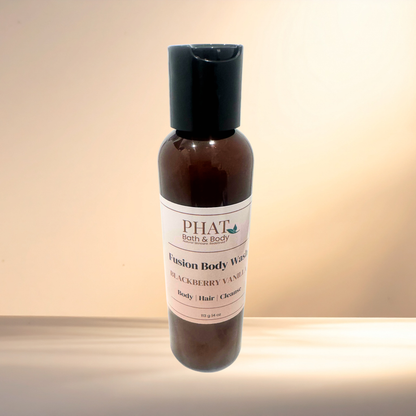 Fusion Body Wash bottle with 'PHAT Bath & Body' label on a gradient background