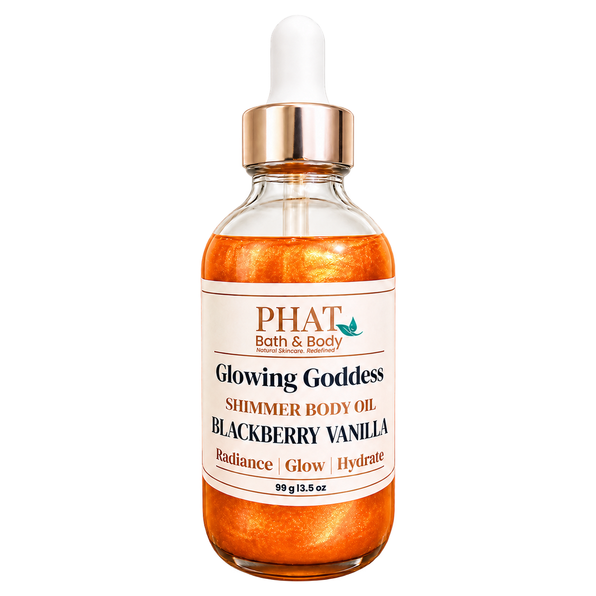 Phat Bath & Body Glowing Goddess Shimmer Body Oil in Blackberry Vanilla, 3.5 oz glass dropper bottle with orange-gold shimmer.