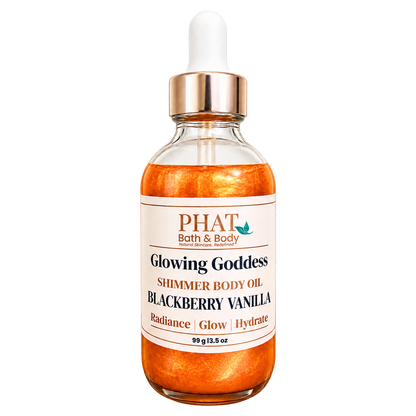 Phat Bath & Body Glowing Goddess Shimmer Body Oil in Blackberry Vanilla, 3.5 oz glass dropper bottle with orange-gold shimmer.