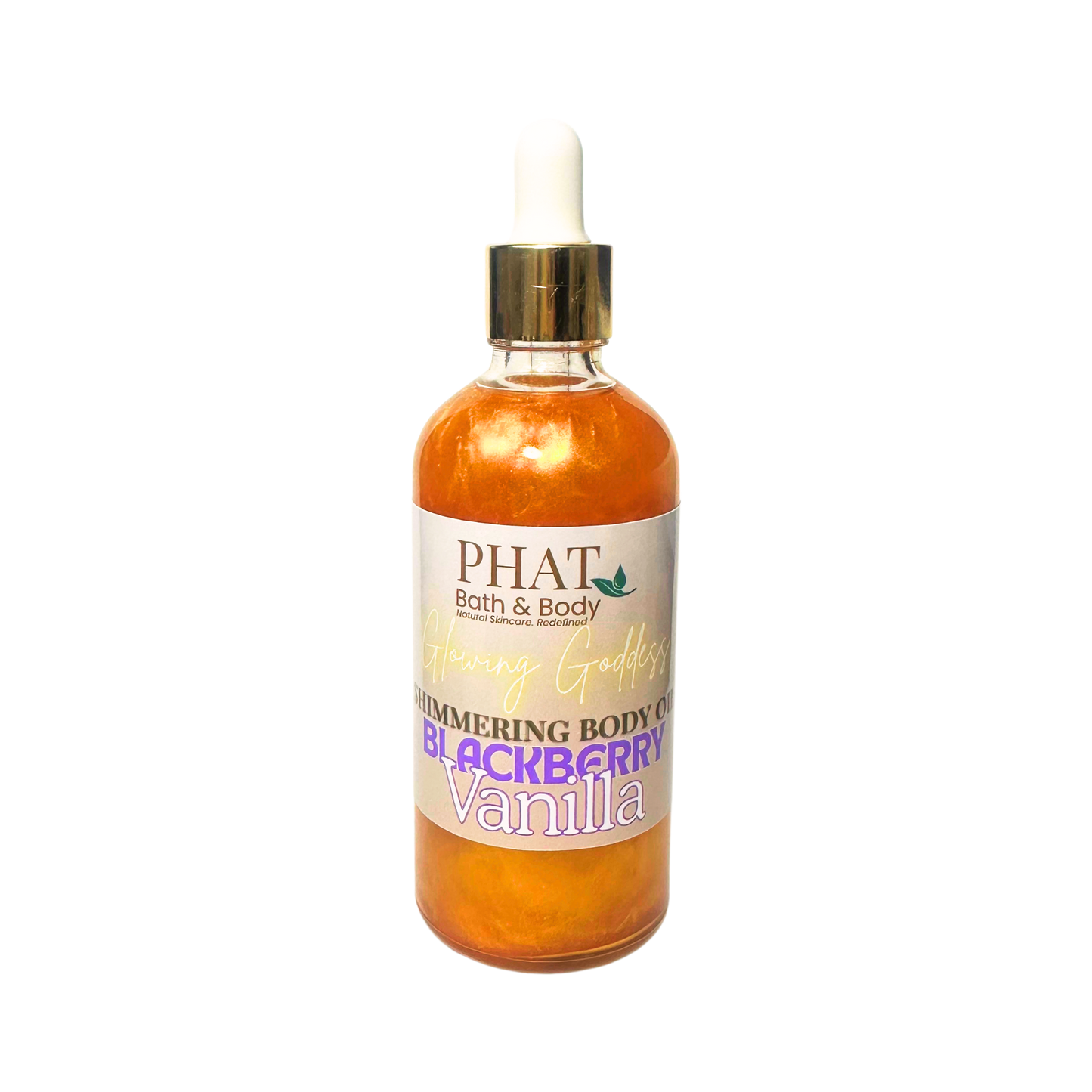 Bottle of 'Glowing Goddess' shimmering body oil by Phat Bath & Body on a white background