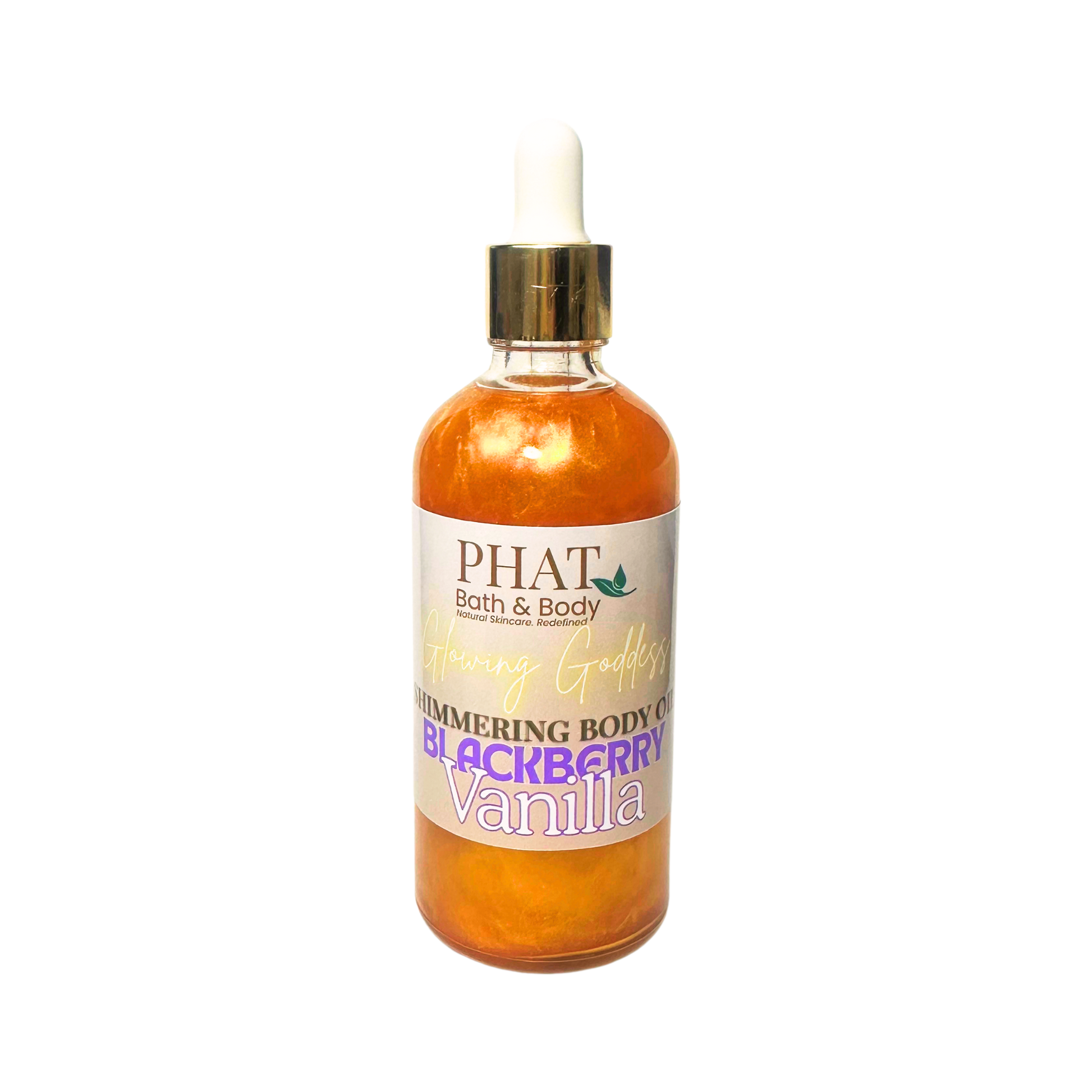Bottle of 'Glowing Goddess' shimmering body oil by Phat Bath & Body on a white background