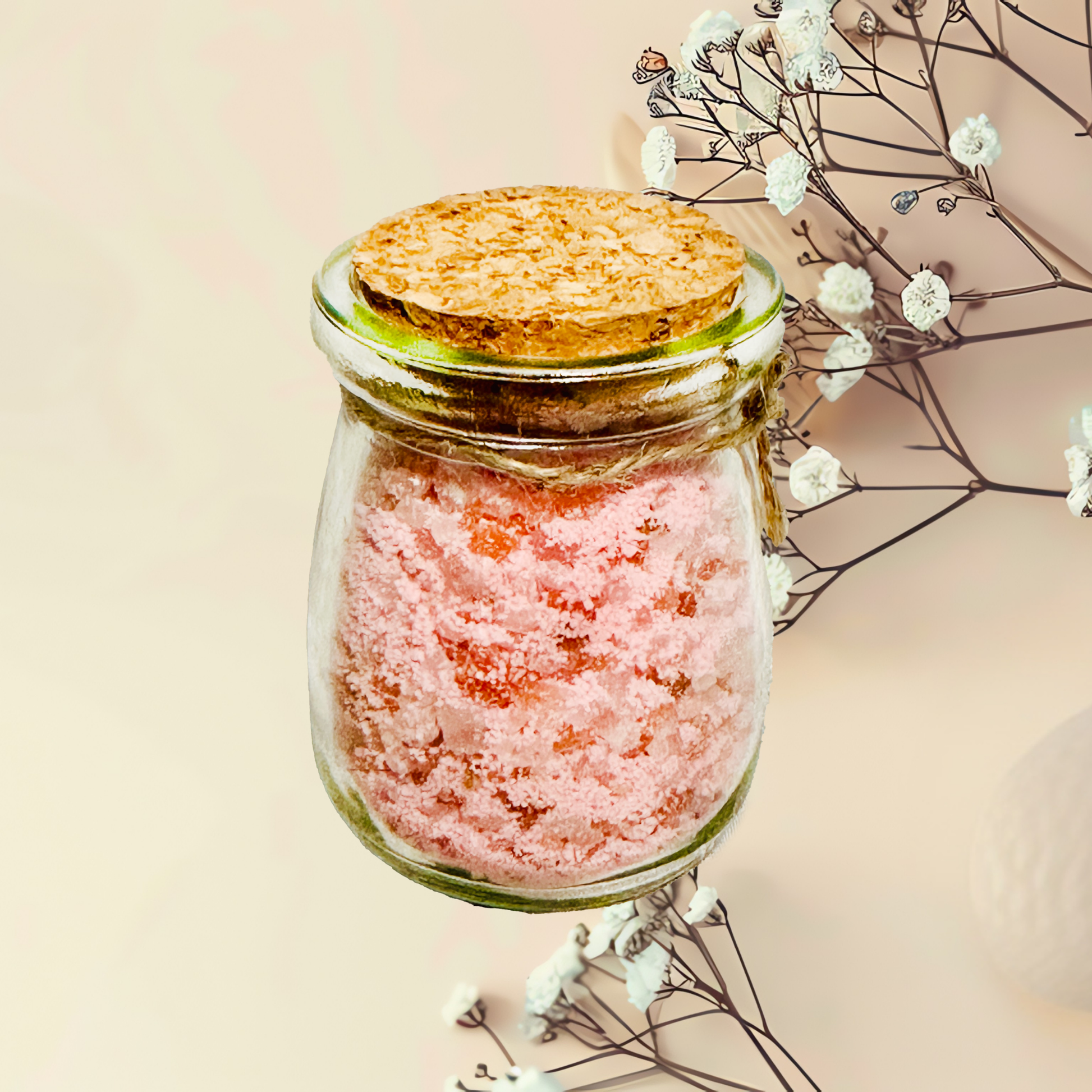 Glass jar with pink bath salt and cork lid on a light background with white flowers.