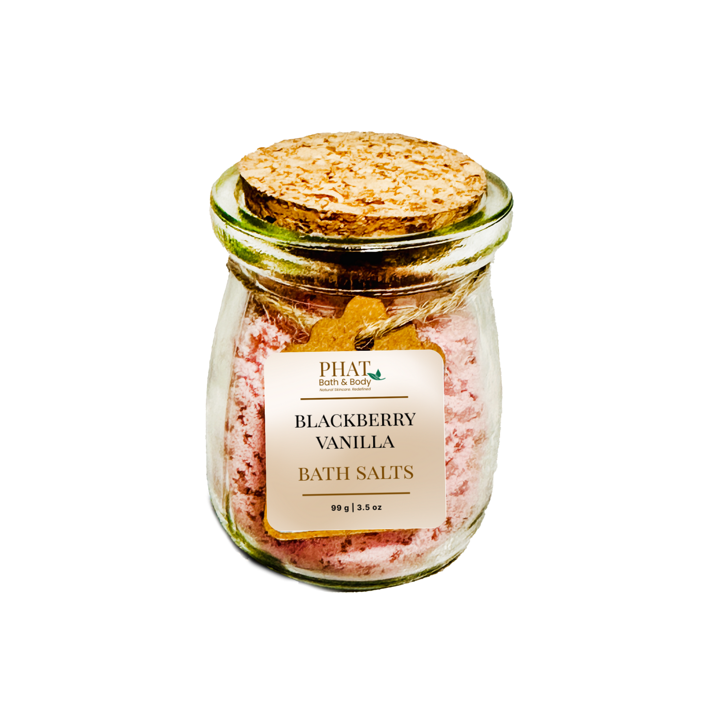Jar of blackberry vanilla bath salts with a cork lid on a white background