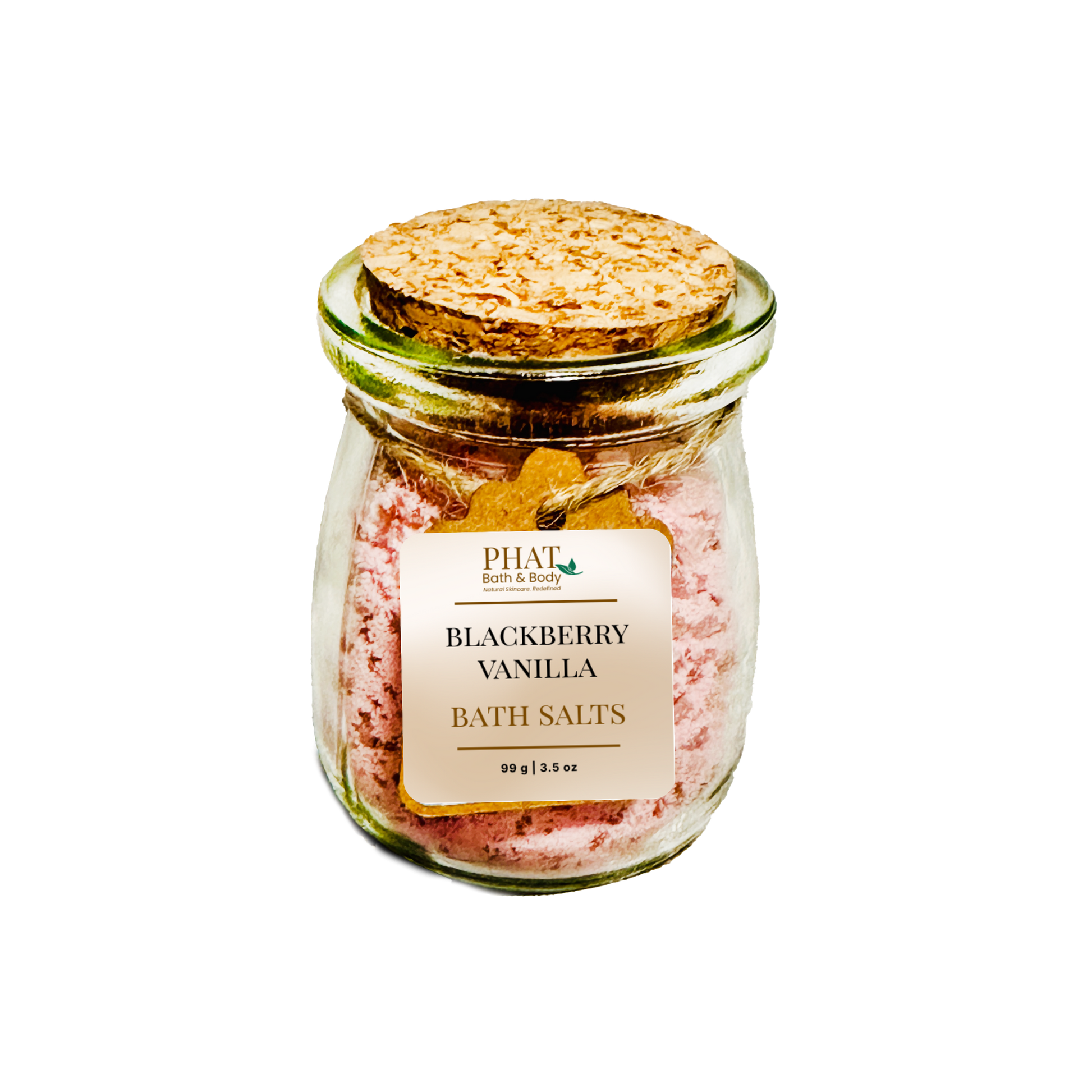 Jar of blackberry vanilla bath salts with a cork lid on a white background