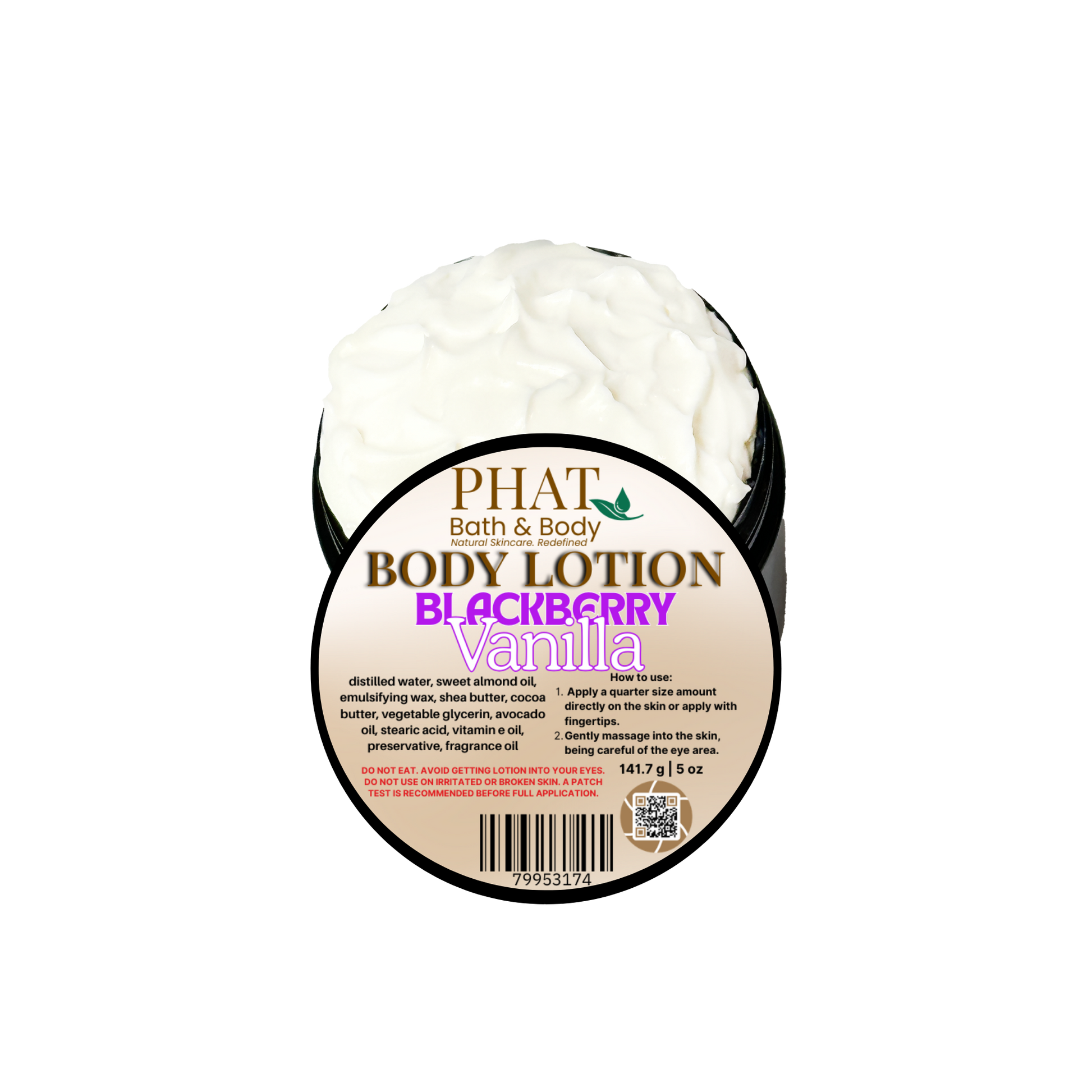 Body lotion container labeled 'Blackberry Vanilla' by Phat Bath & Body on a white background