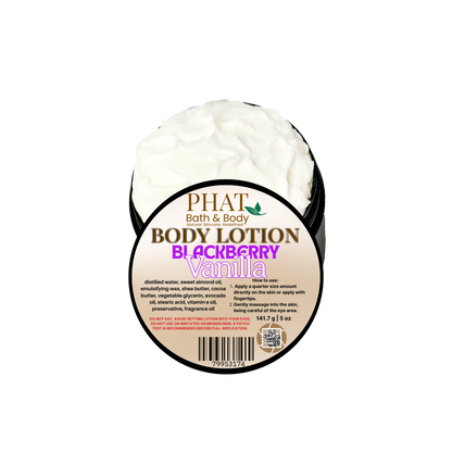 Body lotion container labeled 'Blackberry Vanilla' by Phat Bath & Body on a white background
