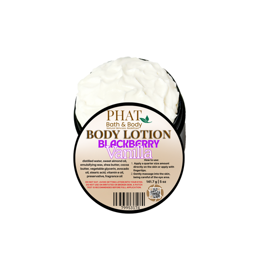 Body lotion container labeled 'Blackberry Vanilla' by Phat Bath & Body on a white background