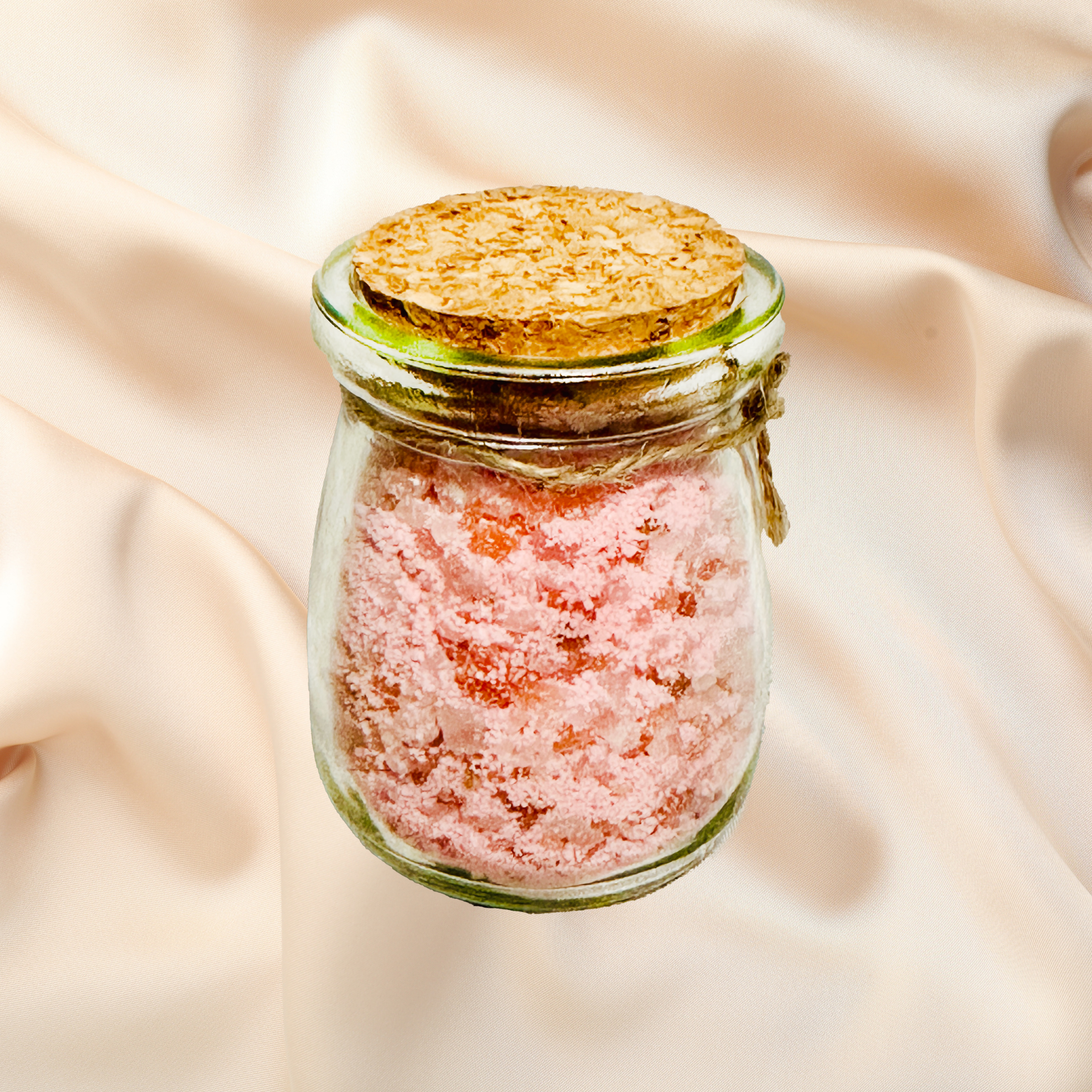 Small glass jar with pink bath salt on a beige fabric background