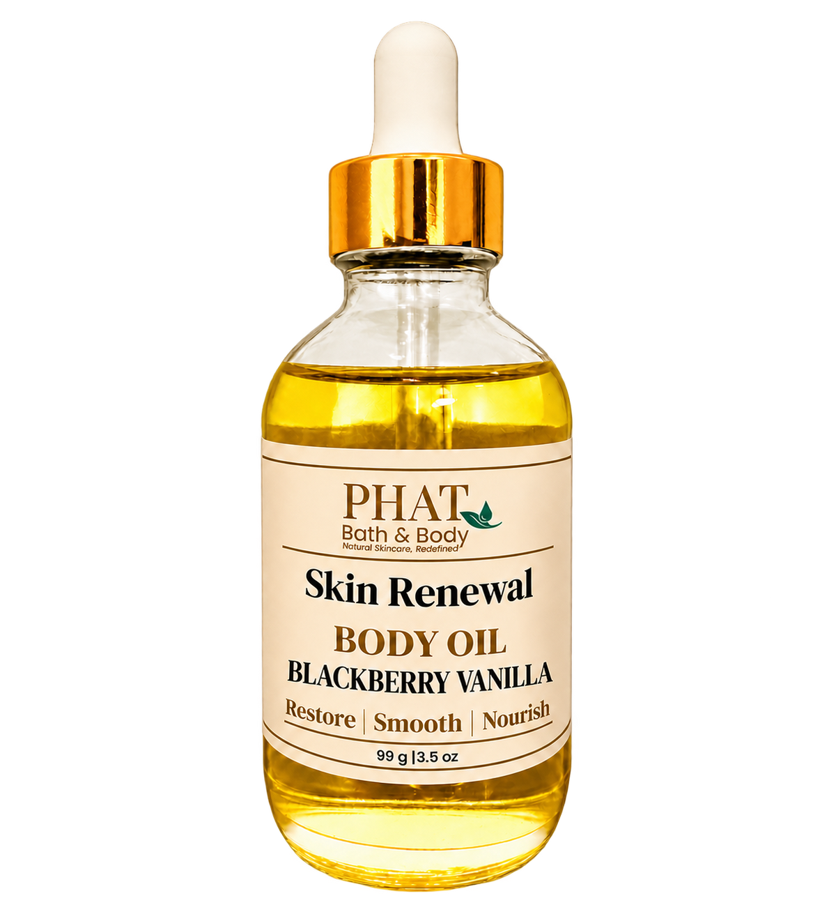 Phat Bath & Body Blackberry Vanilla Skin Renewal Body Oil, 3.5 oz golden body oil in a clear glass dropper bottle with a gold cap and cream label.